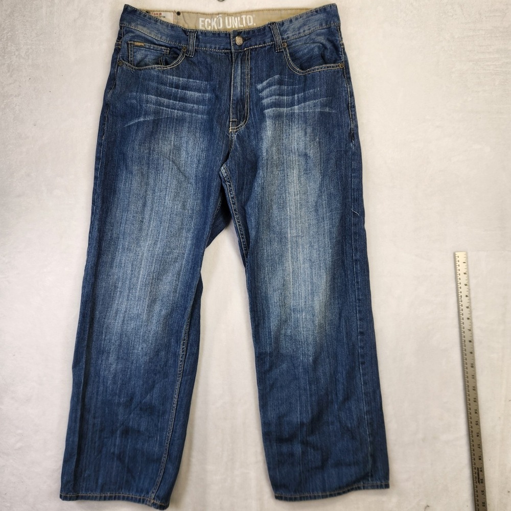 Ecko Unltd Mens Jeans Size 38x31 Blue Denim Straight Leg Y2K Streetwear Hip Hop‎